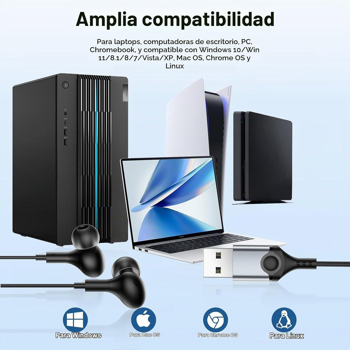 AIAUXAI Auriculares USB con micrófono para PC portátil, auriculares...