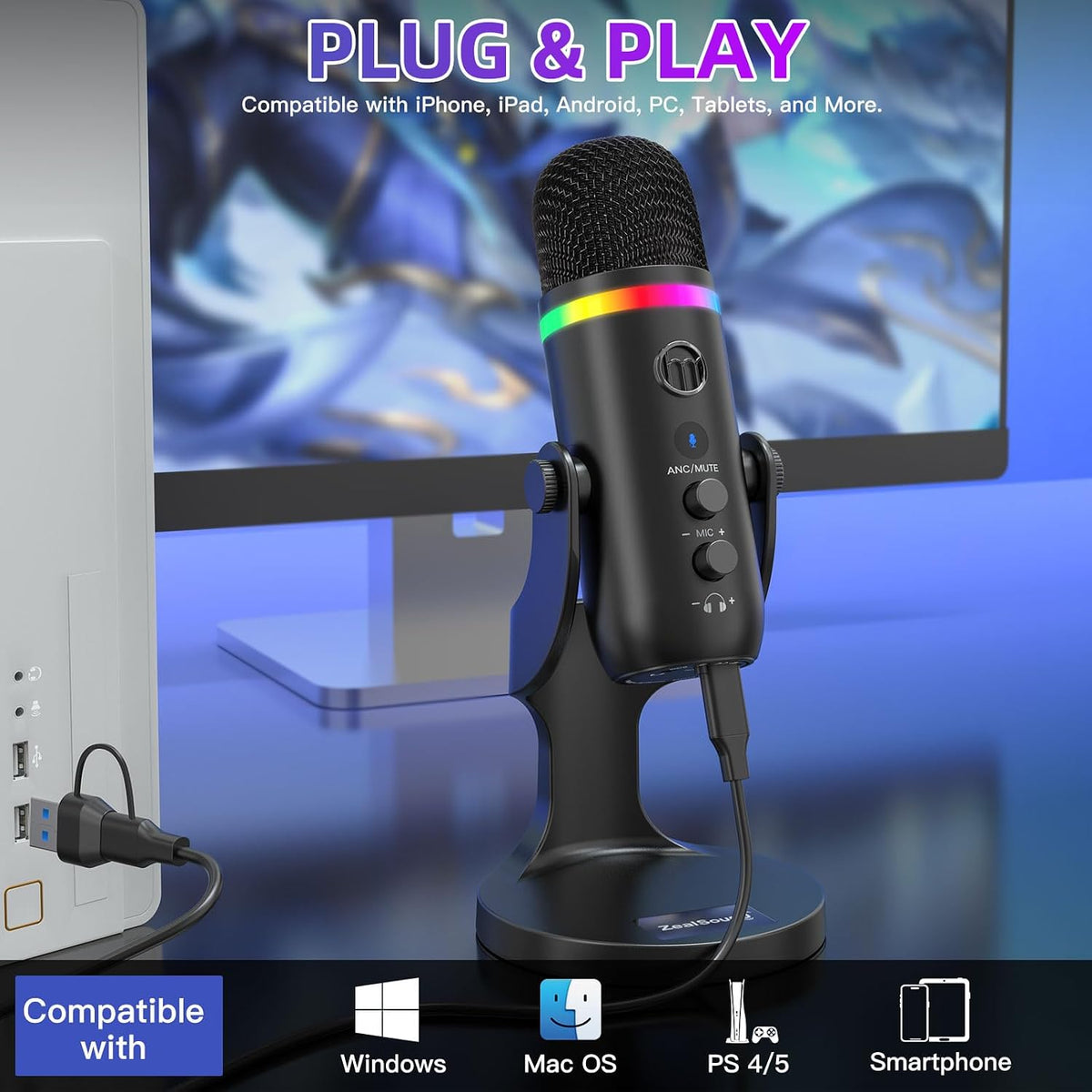 Micrófono ZealSound Podcast para PC, micrófono USB con reducción de...