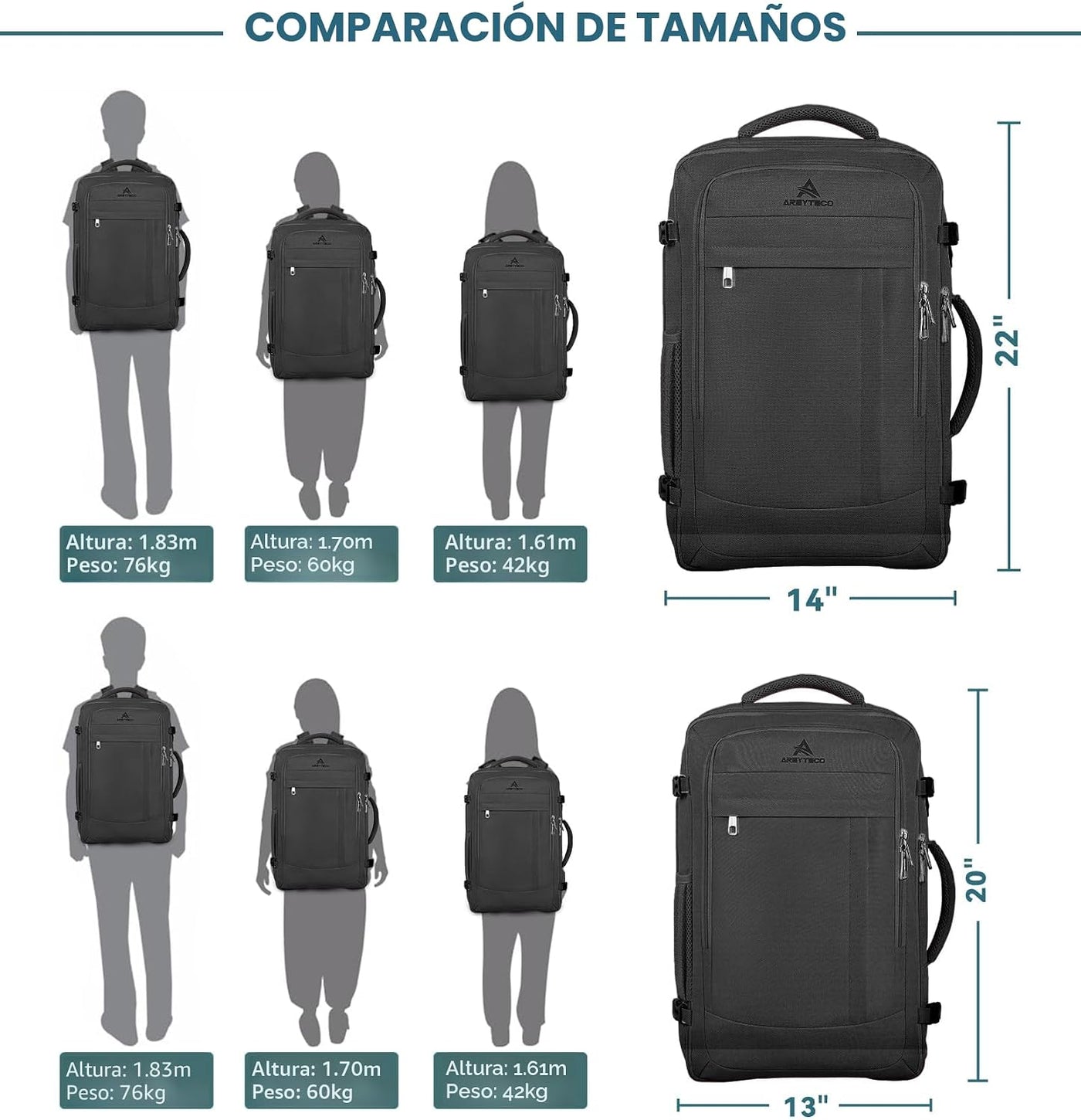 AREYTECO - Mochila de viaje de 50L, mochila extra grande expandible...
