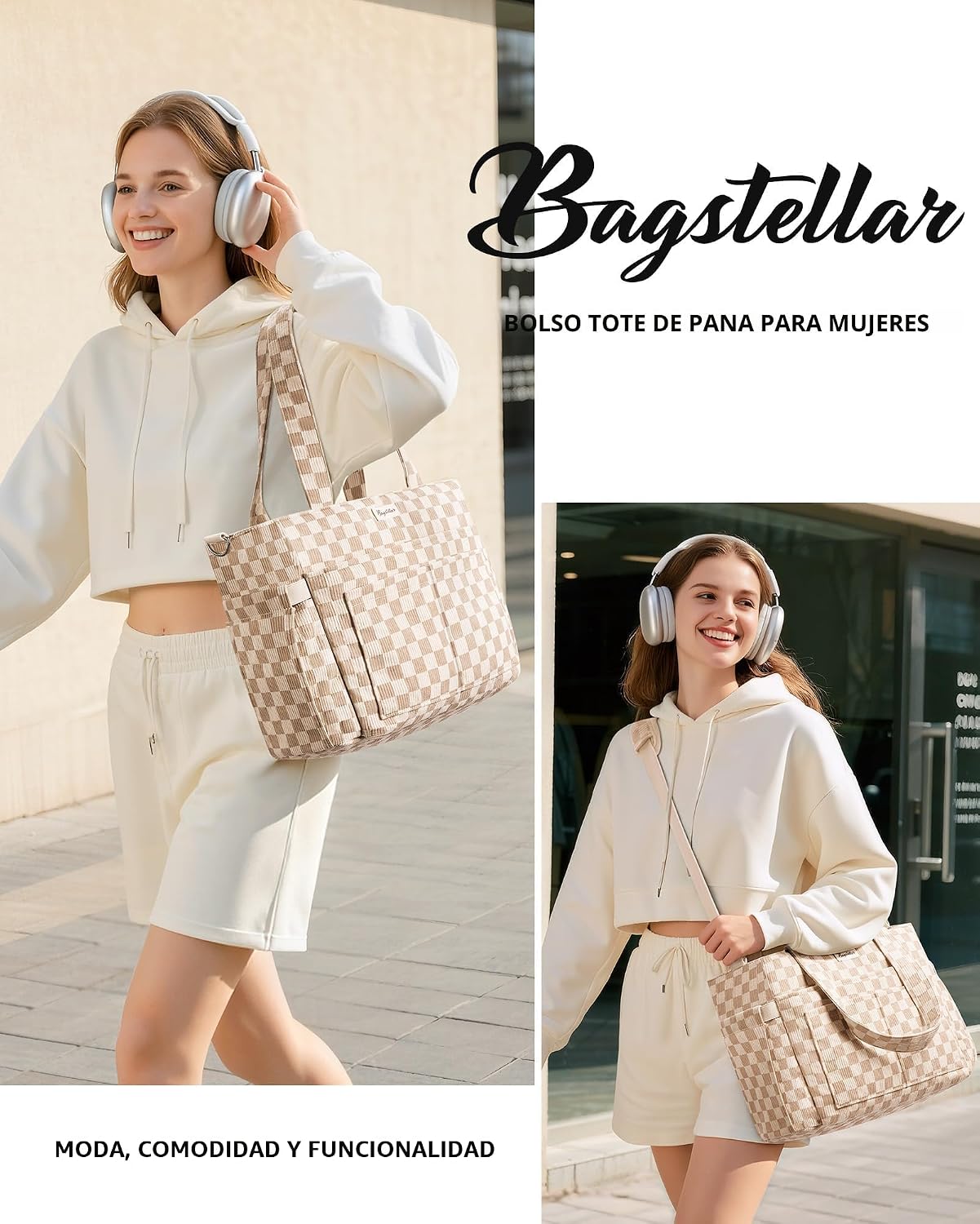 Bolsa tote de pana para mujeres, 17 bolsillos para laptop de trabaj...
