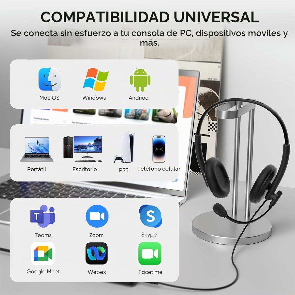 Auriculares USB con micrófono con cancelación de ruido, USB-C\/USB-...