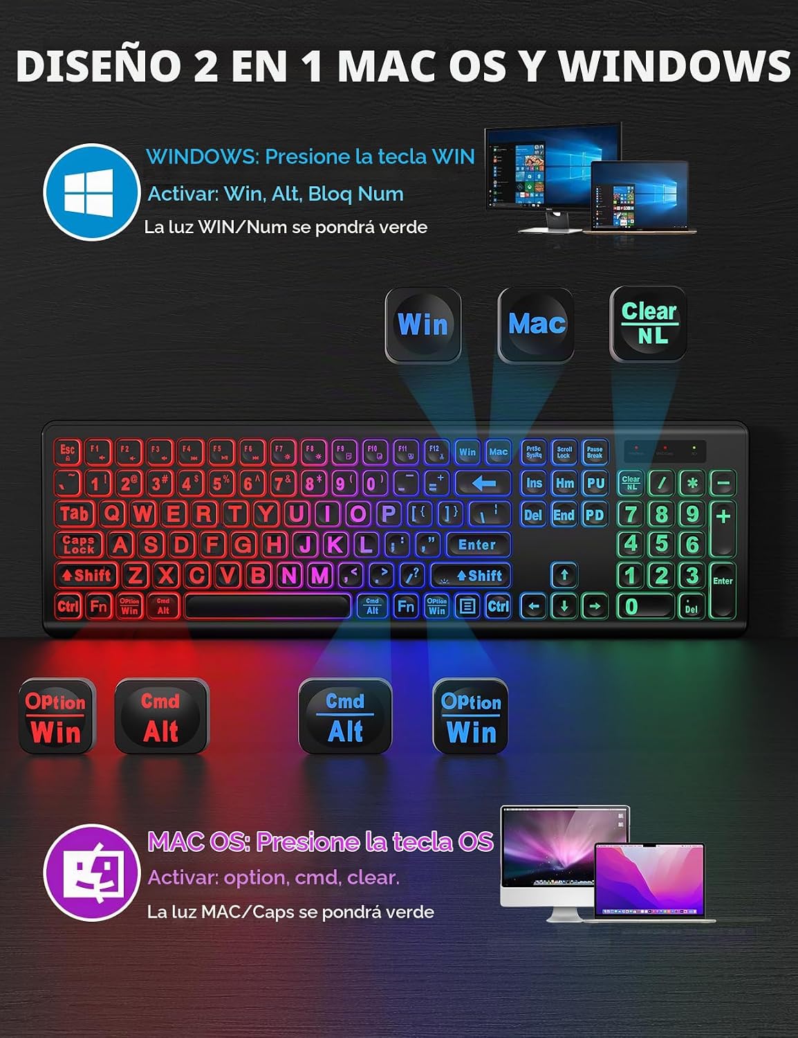 Combo de teclado y ratón inalámbricos, retroiluminación RGB, recarg...