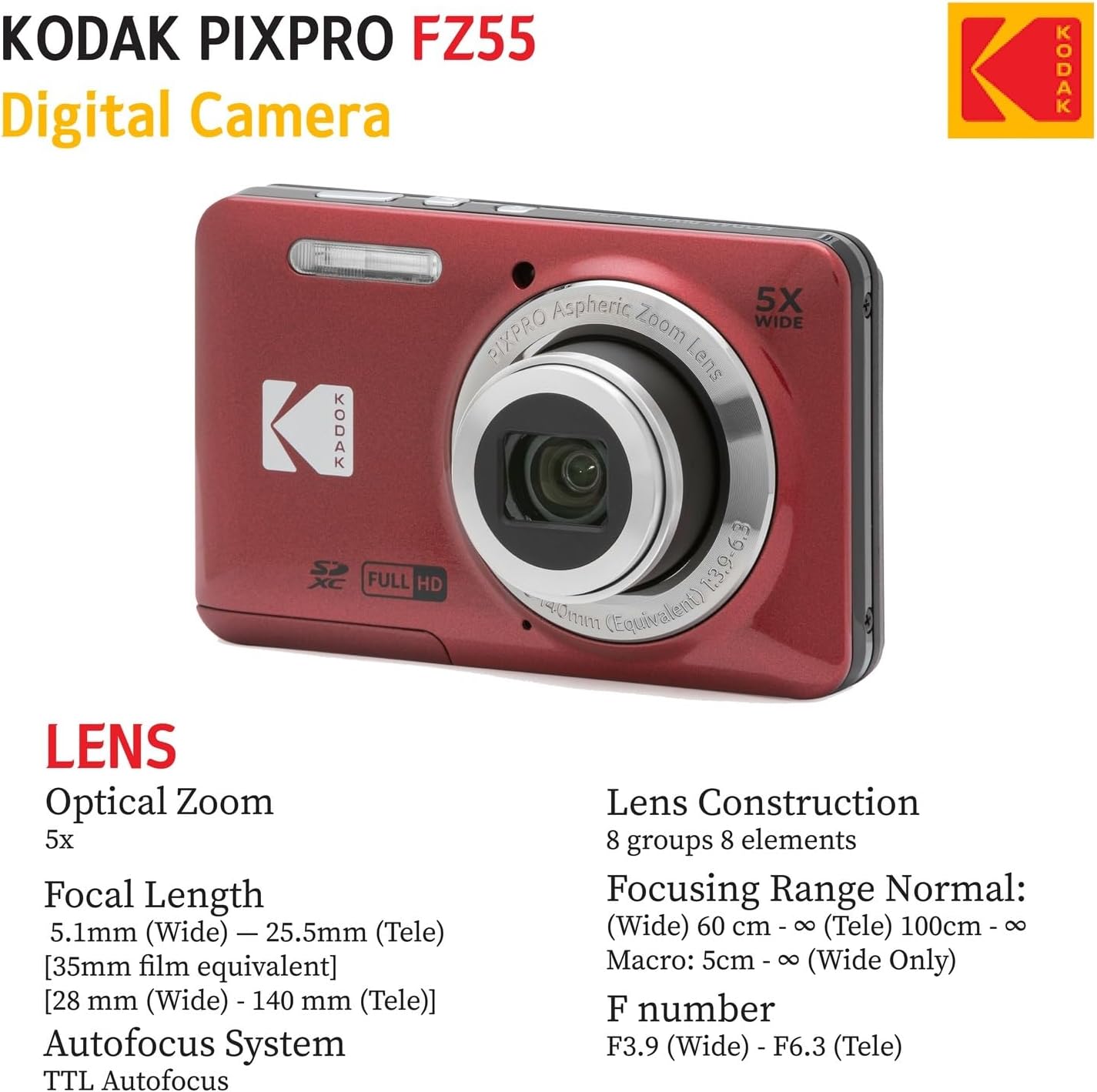 KODAK PIXPRO FZ55 Cámara digital de 16 MP de apuntar y disparar, zo...