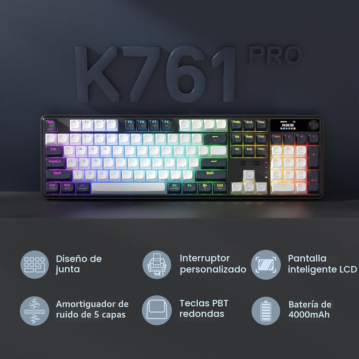 Redragon K761 PRO - Teclado, pantalla y perilla para juegos con jun...