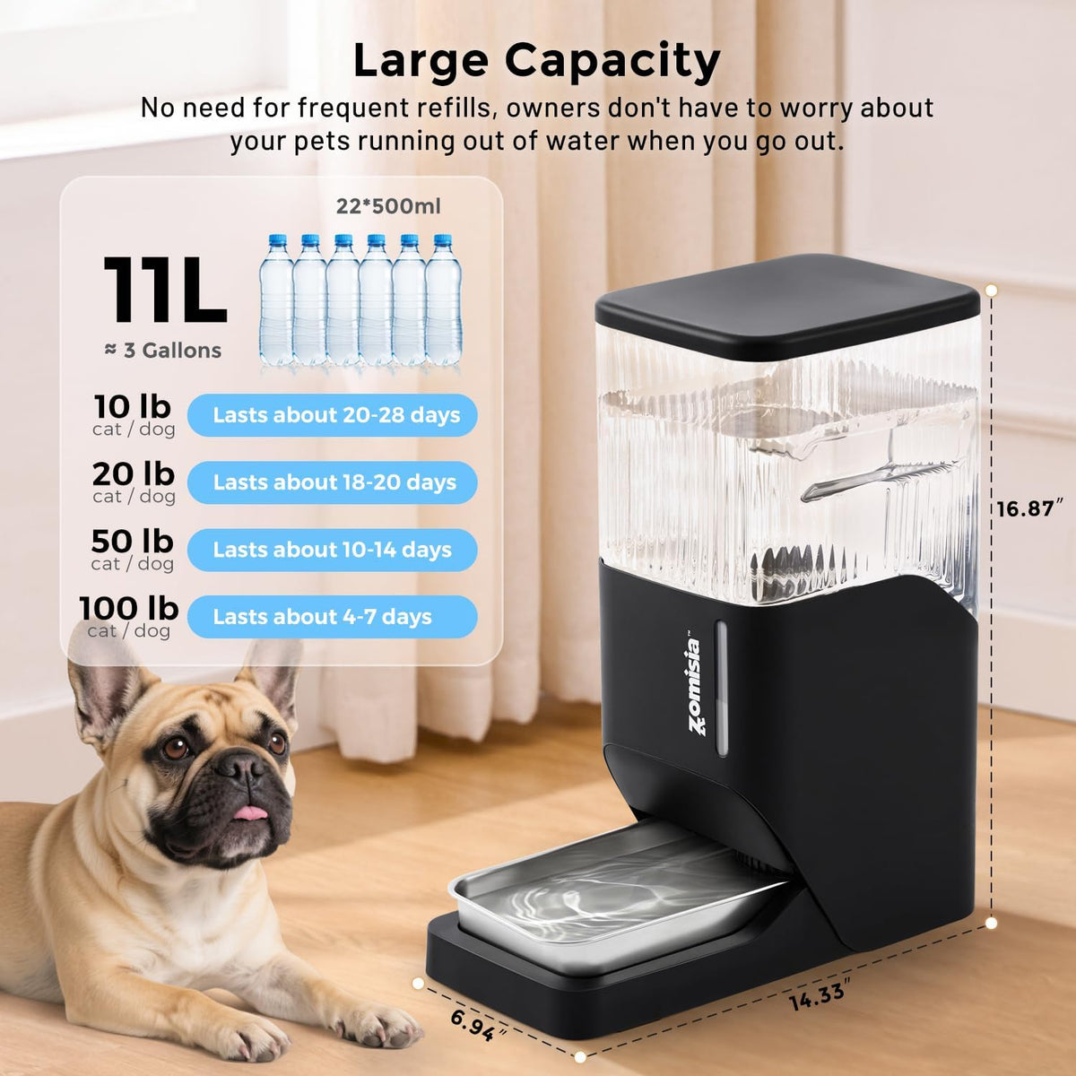 ZOMISIA Dispensador automático de agua para perros de 11 litros con...