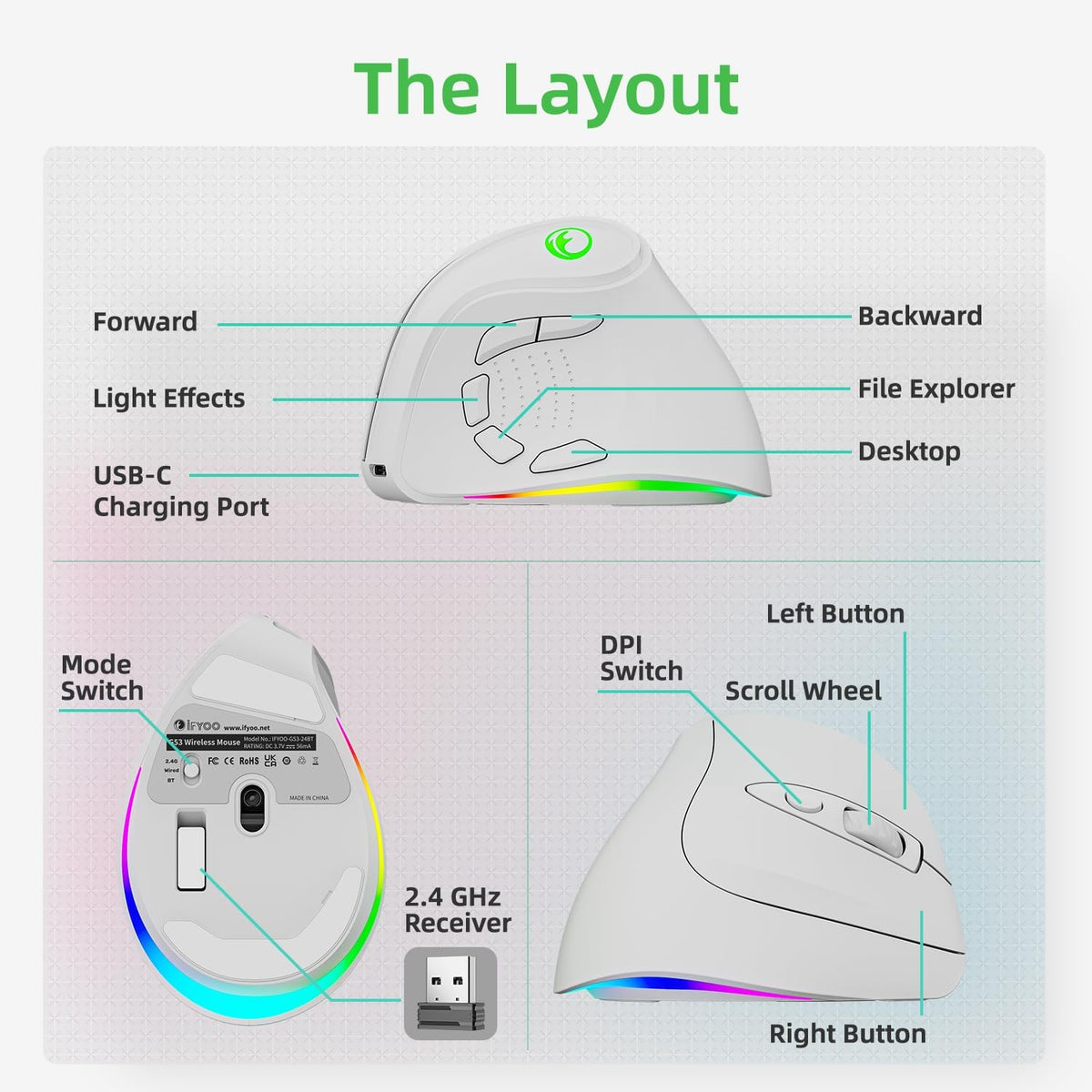 IFYOO Ratón ergonómico vertical inalámbrico recargable RGB de 2.4G...