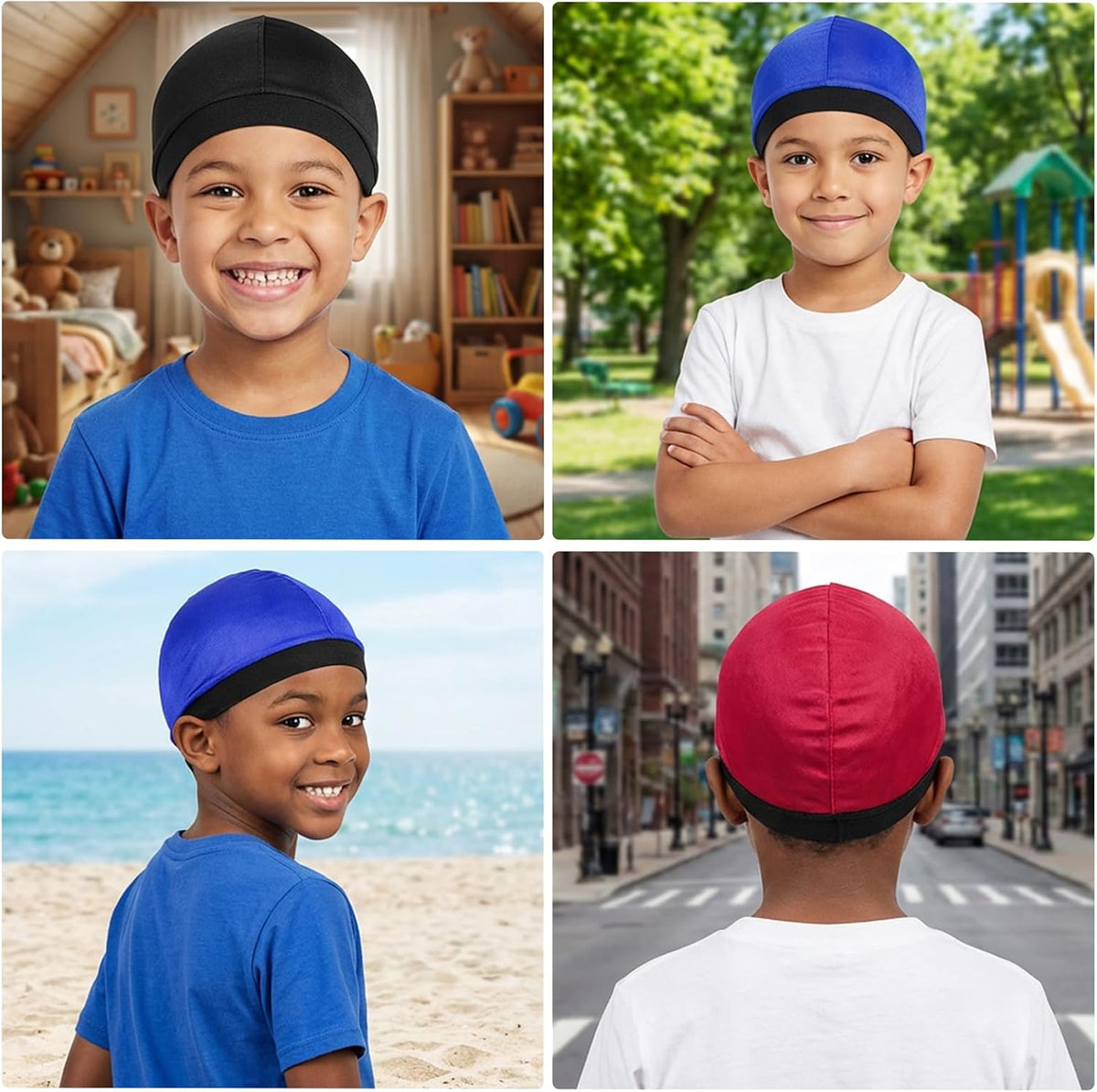 Sibba Juego de 3 gorras de satén para niños, sedosas, durags de pol...
