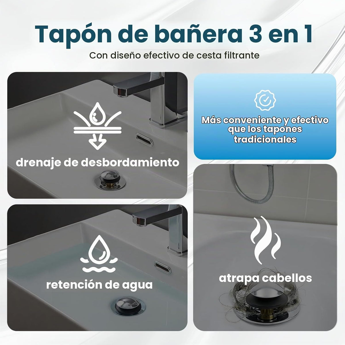 Tapón de drenaje de bañera 3 en 1 y recogedor de pelo, enchufe univ...