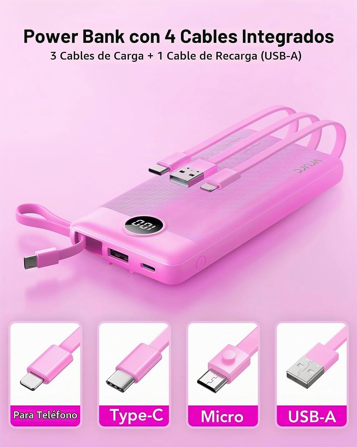 VRURC Cargador portátil, banco delgado de energía incorporado 4 cab...