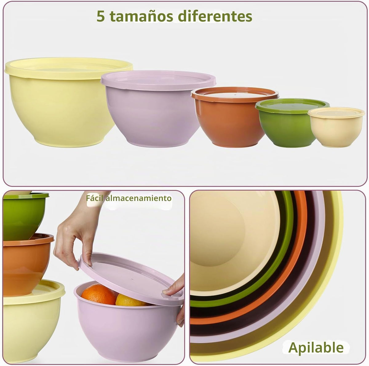 Greentainer Juego de cuencos de plástico con tapas para cocina, cue...