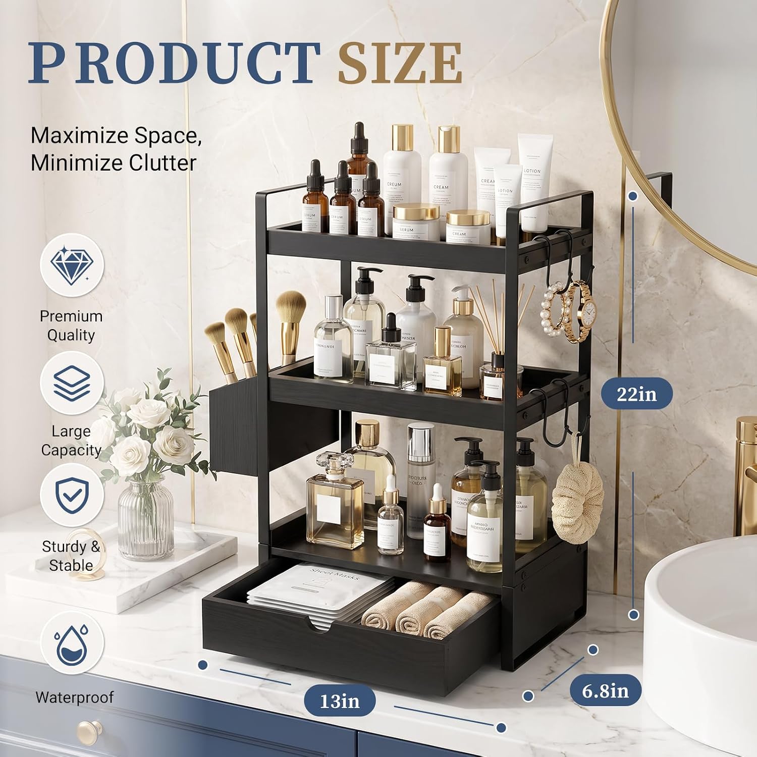 Organizador de encimera de baño de 3 niveles con cesta de cajón y g...