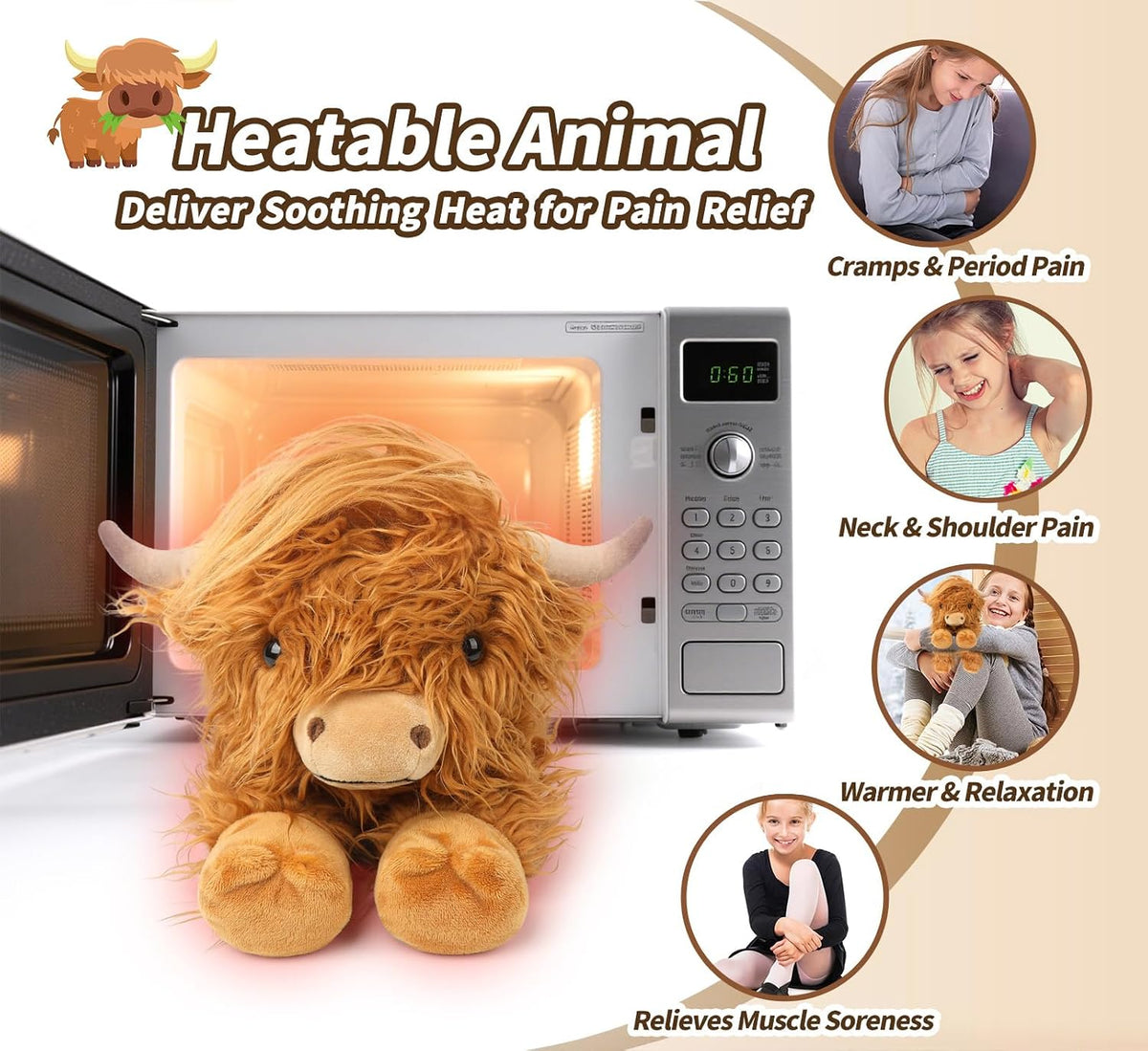 Highland Cow - Animales de peluche para microondas, almohadilla tér...