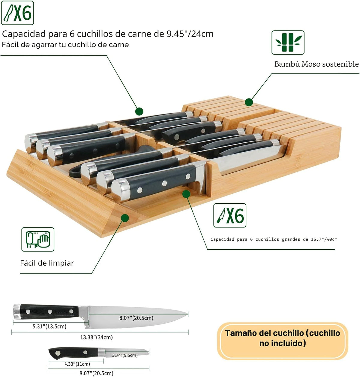 Utoplike - Bloque de cuchillos de bambú para cajones de cocina, org...