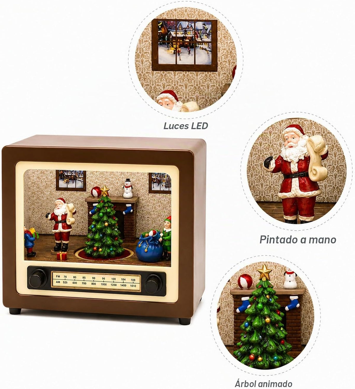 Moments in Time Radio retro con escena del hogar de Papá Noel, deco...