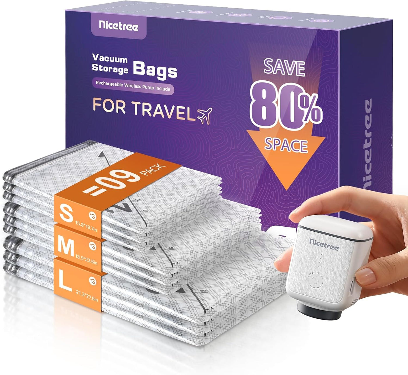 Nicetree Paquete de 9 bolsas de vacío para viajes con bomba recarga...
