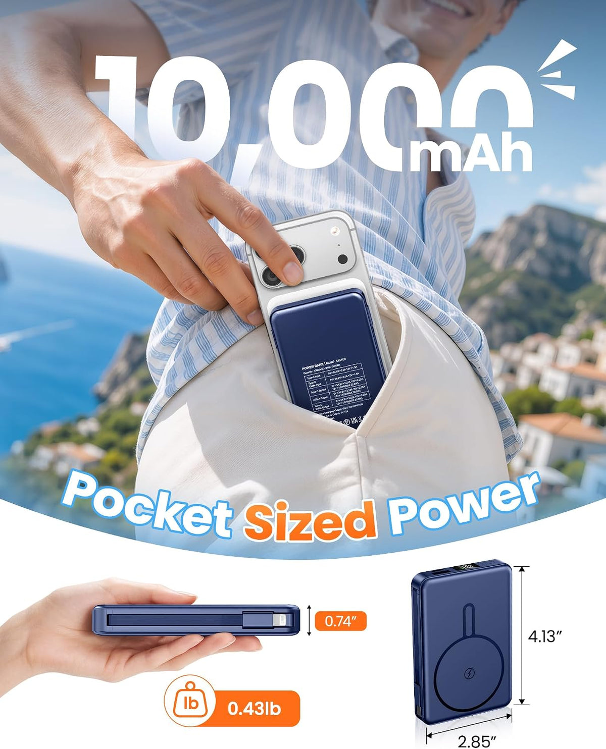 RONEGN Batería magnética delgada de 10,000 mAh con cable incorporad...