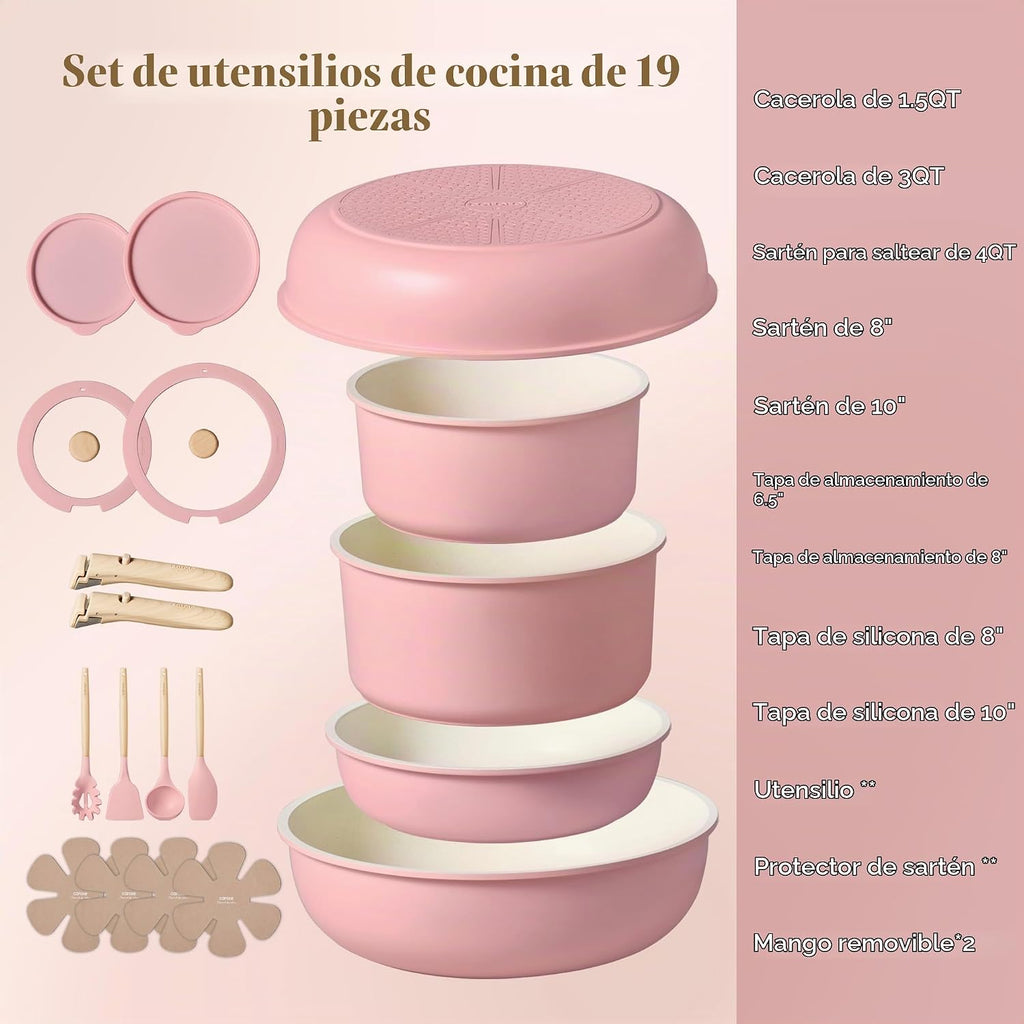 CAROTE Juego de ollas y sartenes antiadherentes, mango desmontable,...