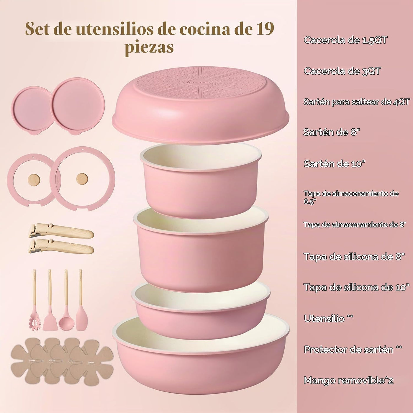 CAROTE Juego de ollas y sartenes antiadherentes, mango desmontable,...