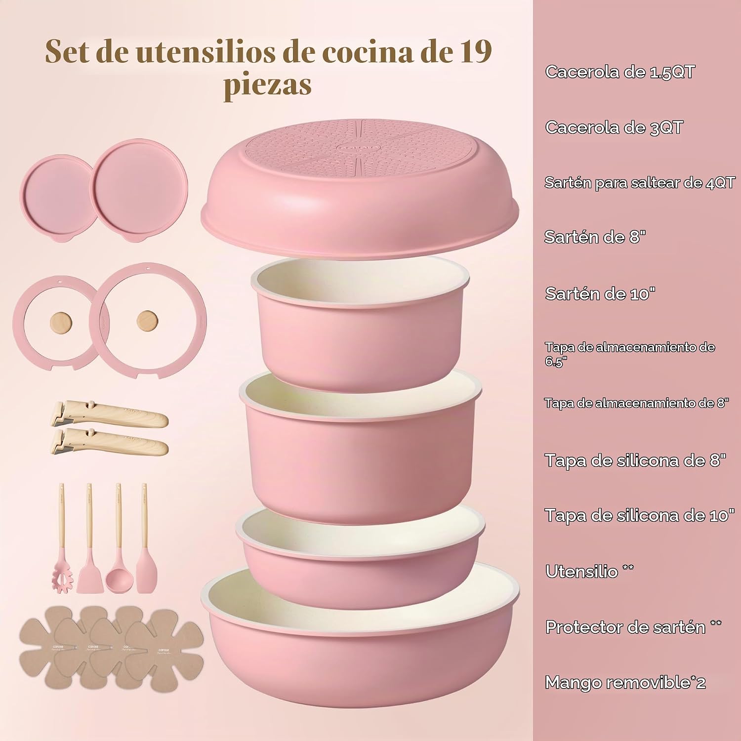 CAROTE Juego de ollas y sartenes antiadherentes, mango desmontable,...