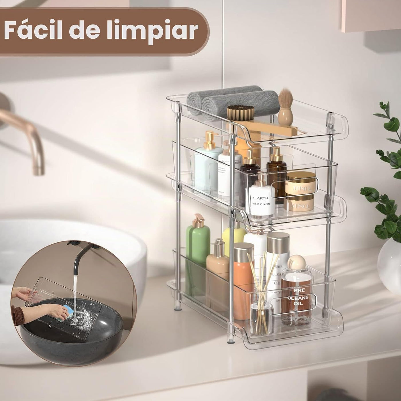 Juego de 2 organizadores de baño transparentes de 3 niveles con div...