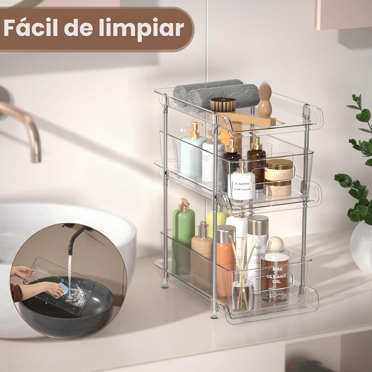 Juego de 2 organizadores de baño transparentes de 3 niveles con div...