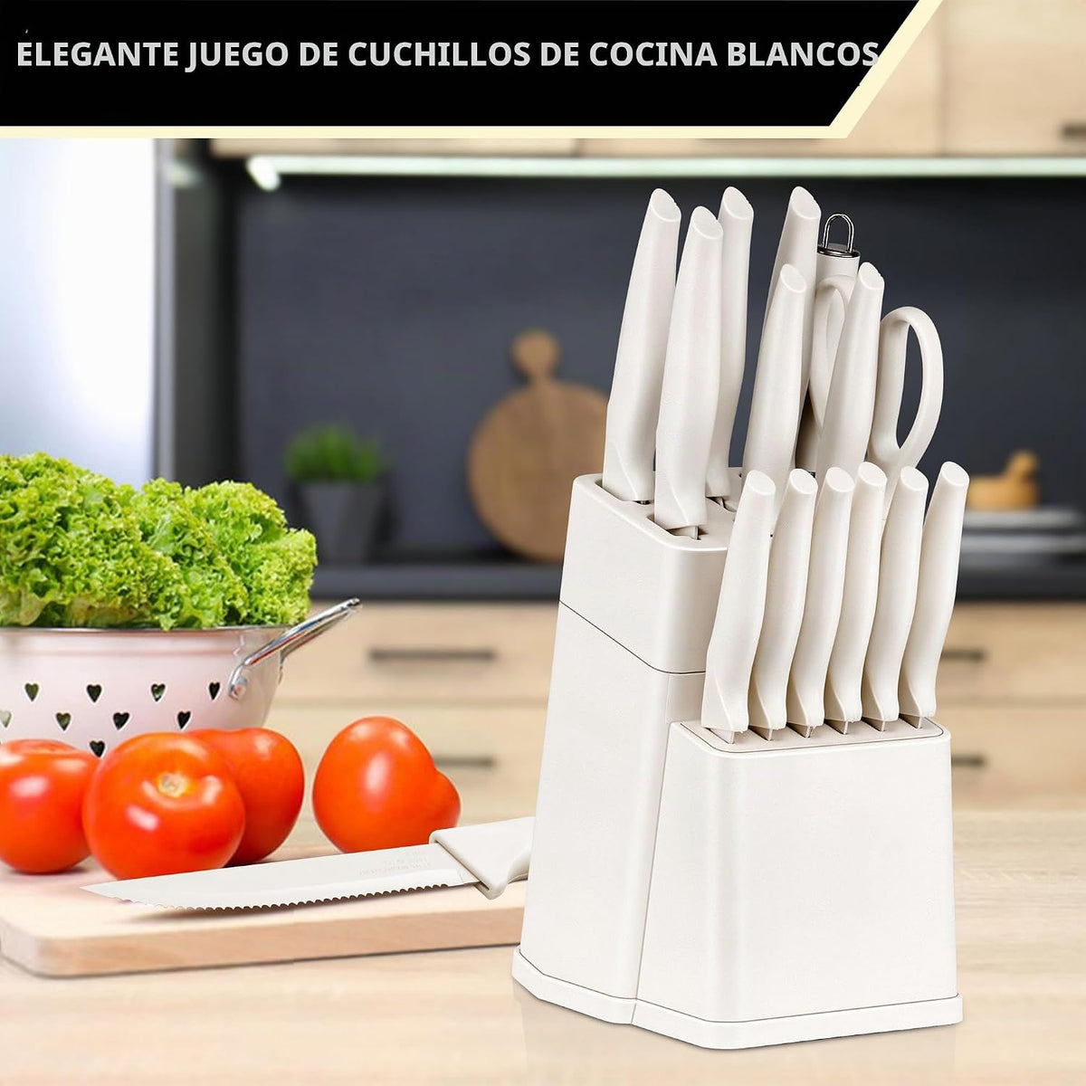 E-far - Juego de cuchillos con bloque, 15 piezas, juego de cuchillo...