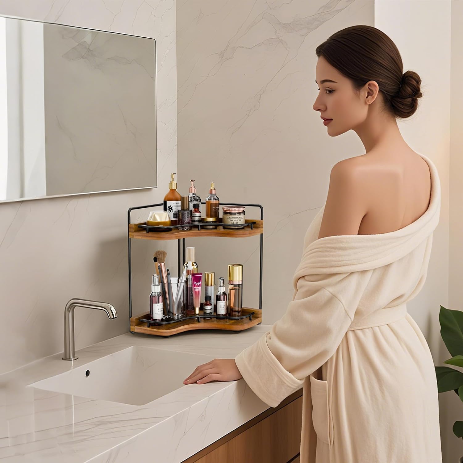 Organizador esquinero de 2 niveles para encimera de baño con agujer...