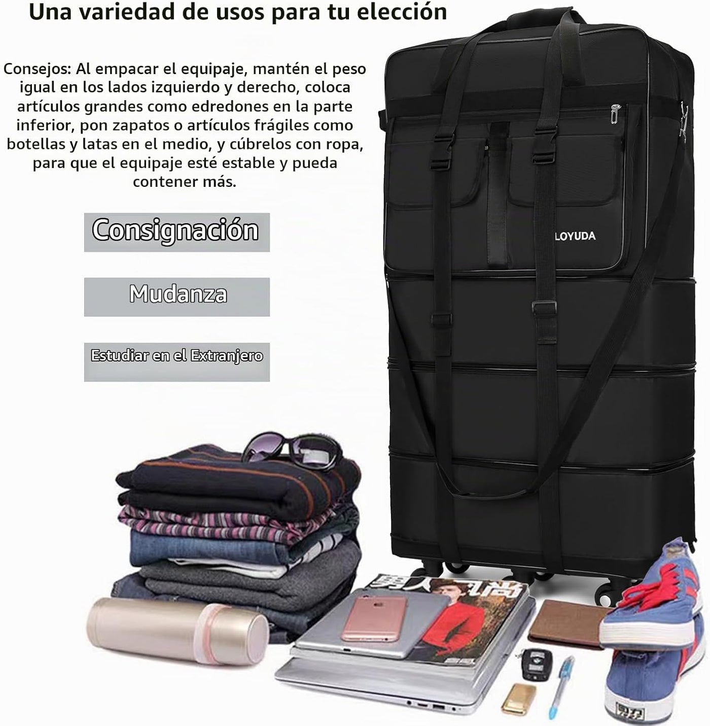 Gloyuda Equipaje expandible de 130 L, maleta de 40 pulgadas con rue...