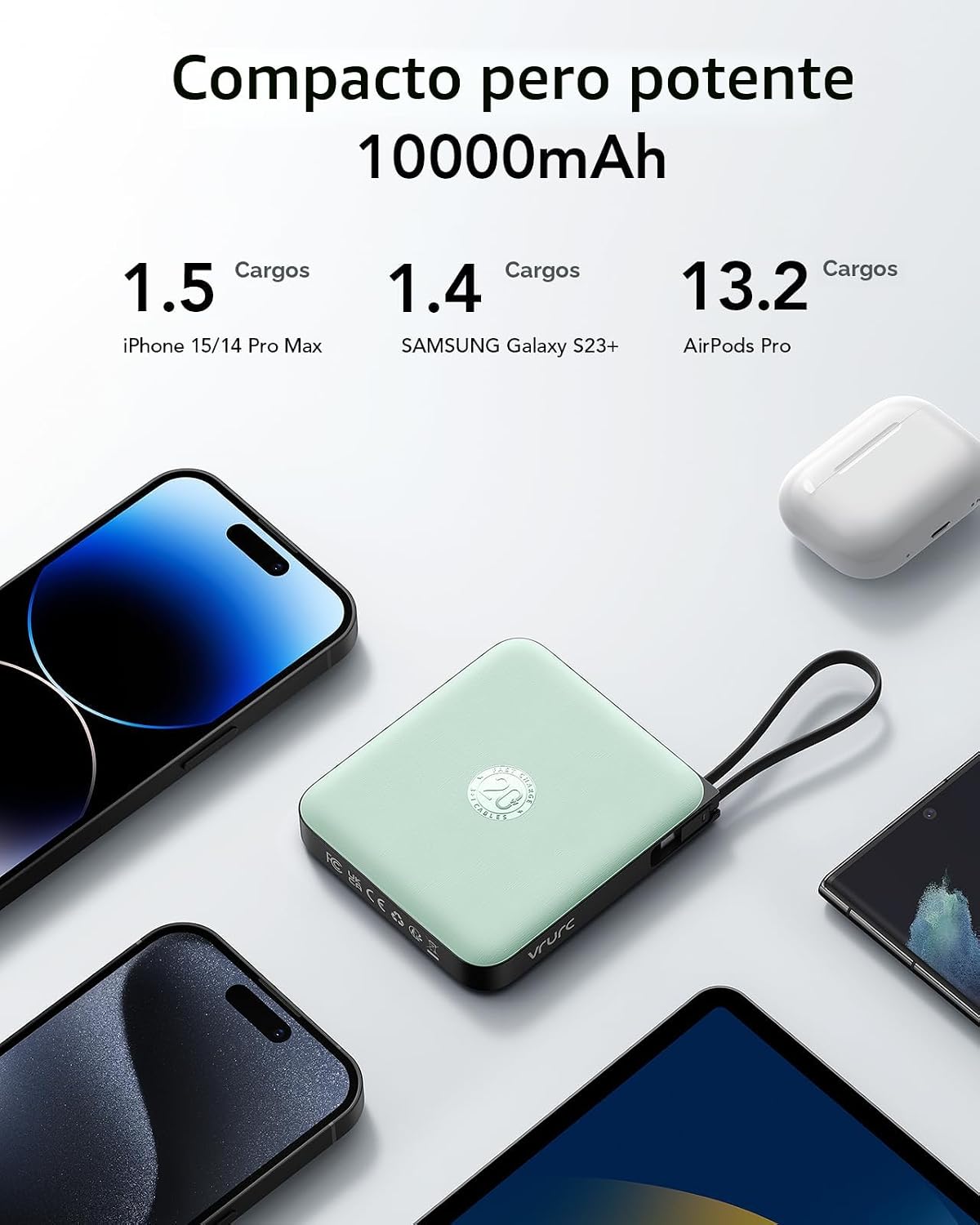 VRURC Cargador portátil con cable incorporado, batería USB C de car...
