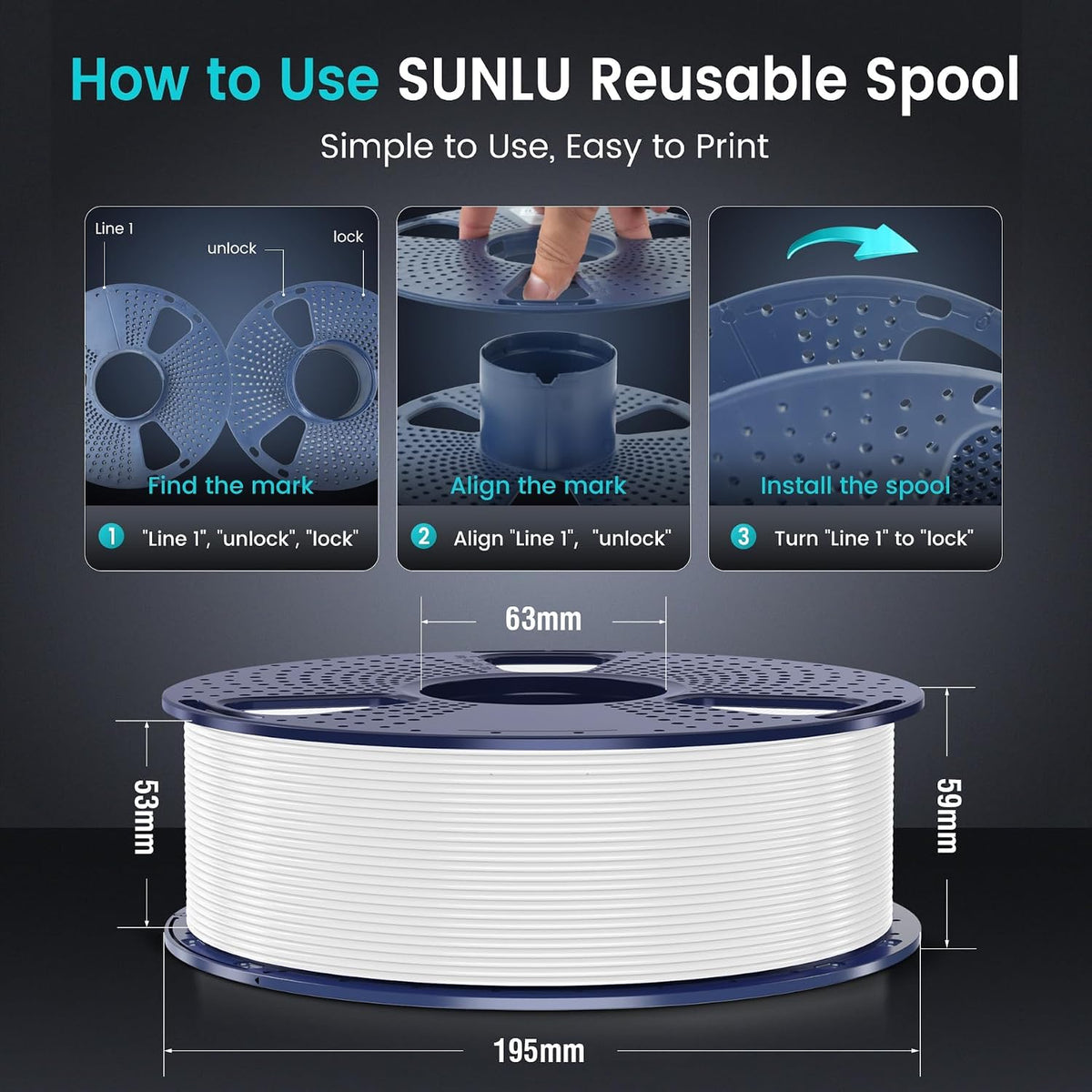SUNLU Filamento PLA para impresora 3D, blanco y negro, paquete de 2...