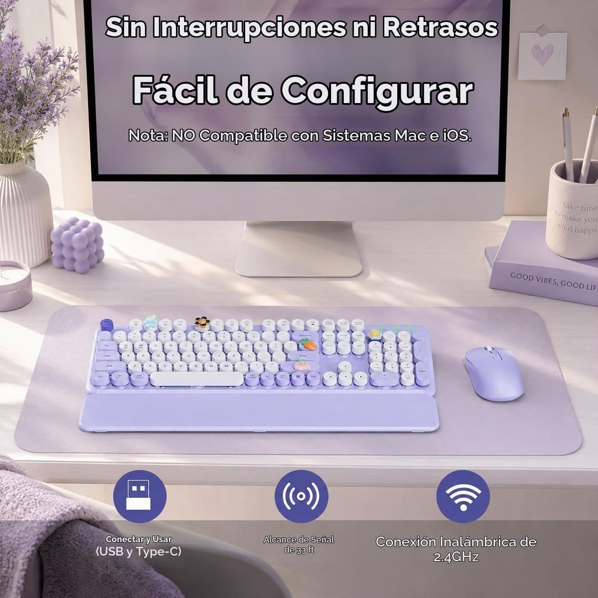 Combo de teclado y ratón inalámbricos, bonitas teclas redondas, tec...
