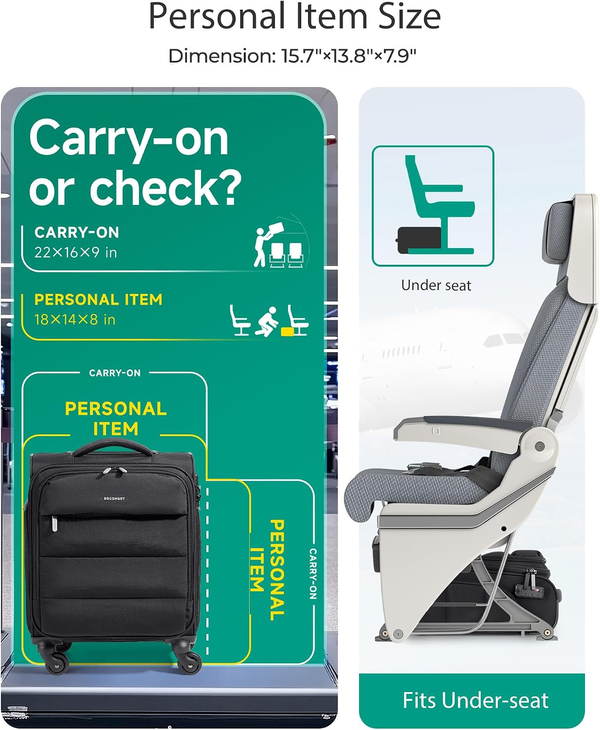 BAGSMART Equipaje de mano para debajo del asiento aprobado por aero...
