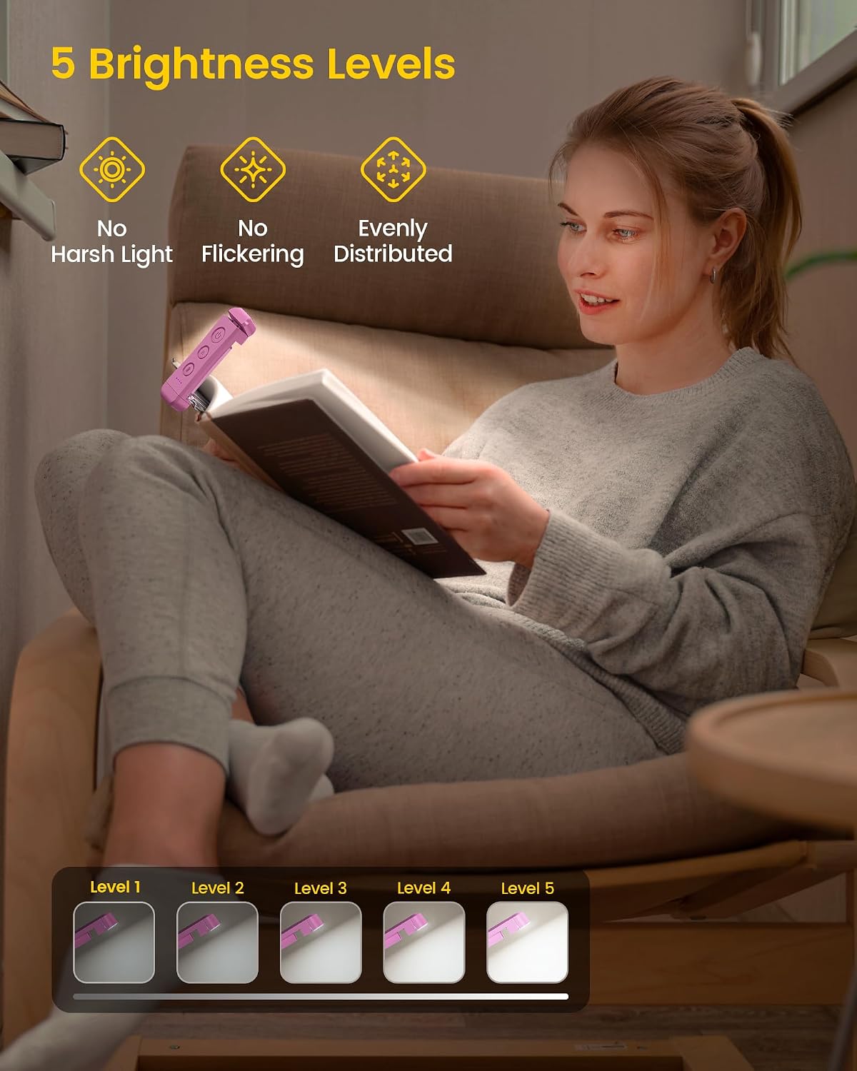 Glocusent Luz de libro recargable USB para leer en la cama, luz de...