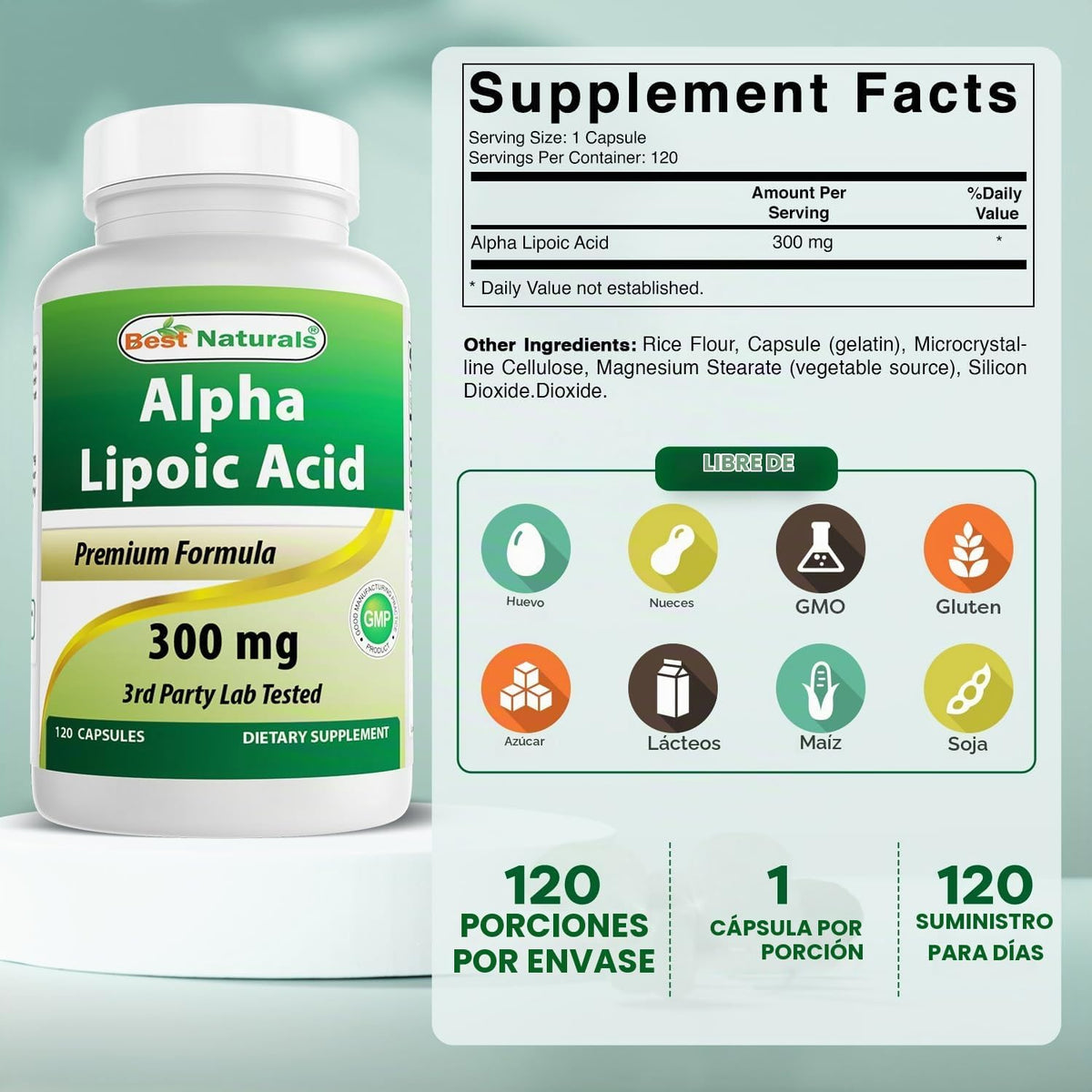 Best Naturals Ácido alfa lipoico 300 mg 120 Cápsulas