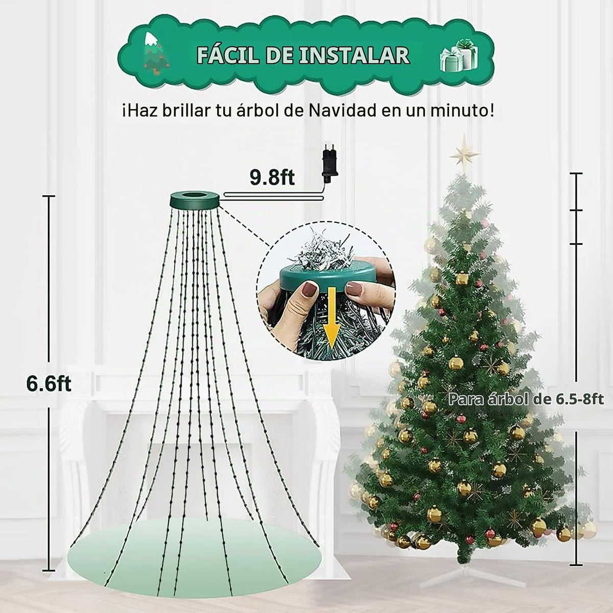 Cadena de luces para árbol de Navidad con anillo, control remoto in...