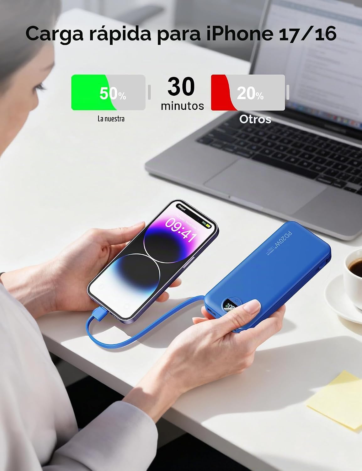 Cargador portátil Power Bank 10000mAh con cables integrados y enchu...