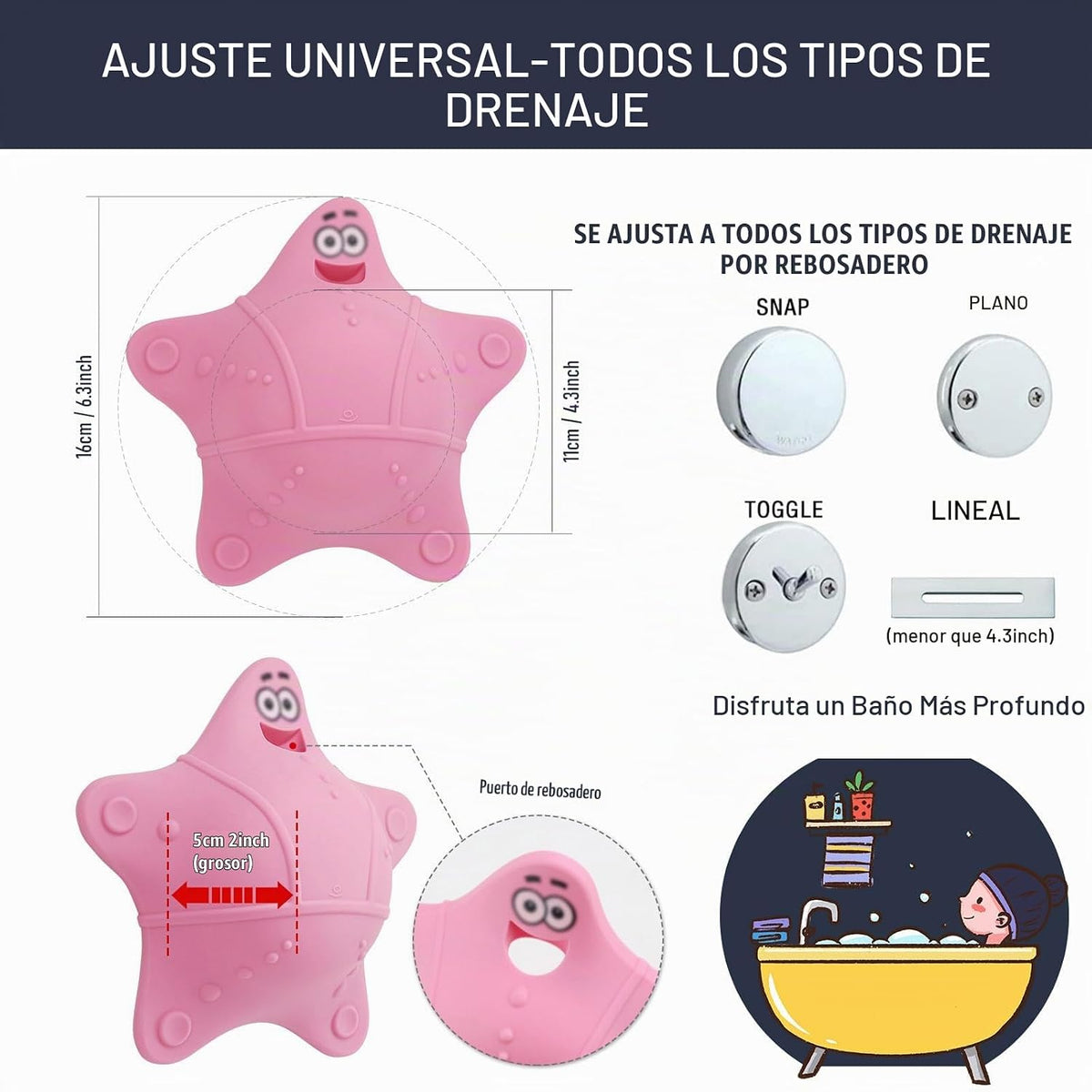 Cubierta de drenaje de desbordamiento para bañera con 5 ventosas, c...