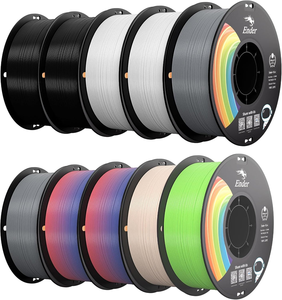 Creality Filamento de impresora 3D PLA+, multicolor, paquete de 10,...