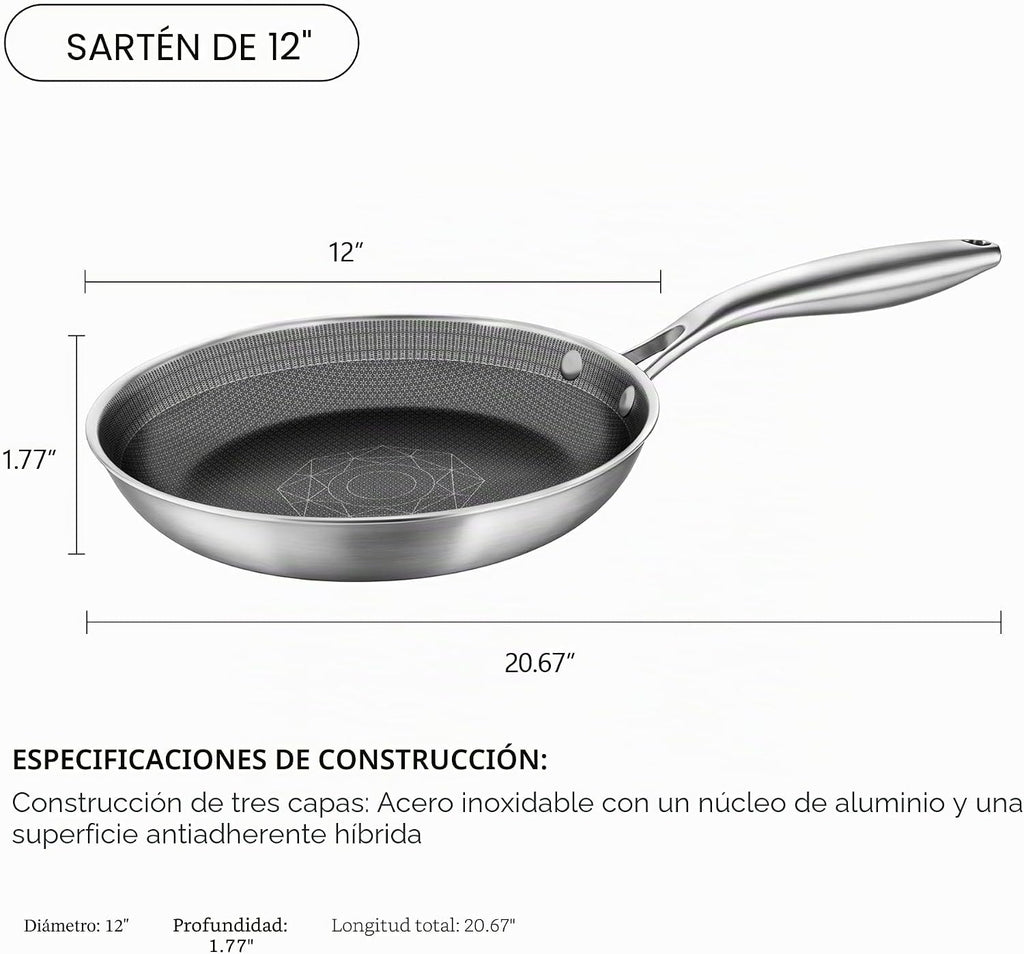 COOKING KING - Sartén de acero inoxidable de 12 pulgadas, sartén hí...