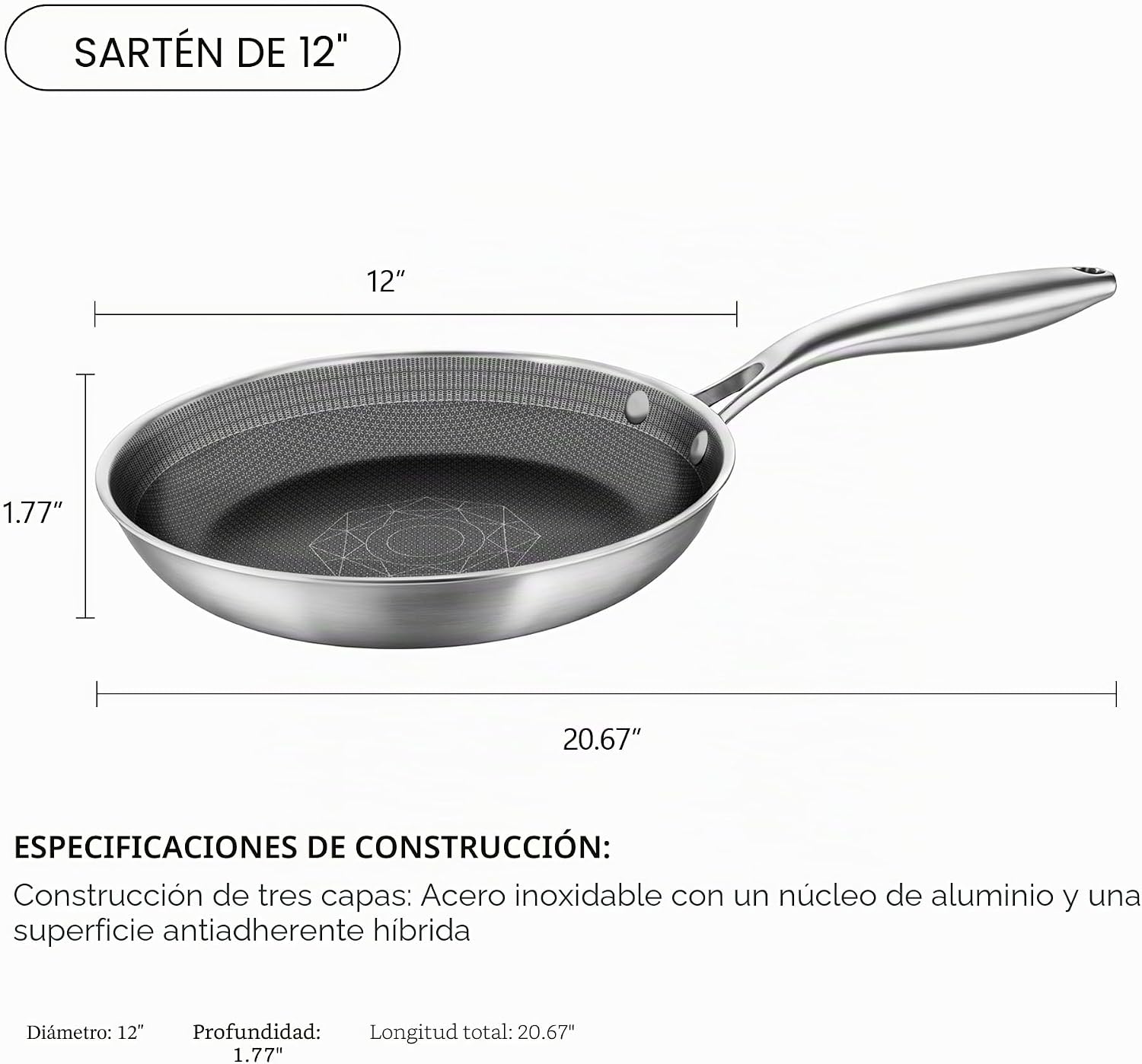 COOKING KING - Sartén de acero inoxidable de 12 pulgadas, sartén hí...