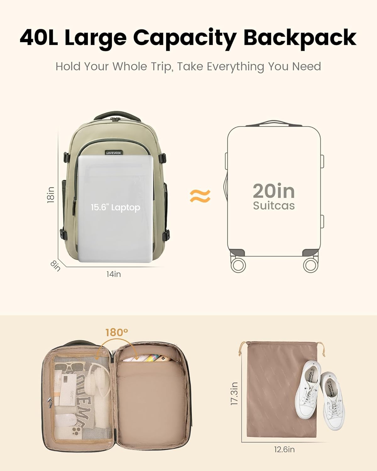 LOVEVOOK Mochila de viaje de 40L para mujeres y hombres, equipaje d...