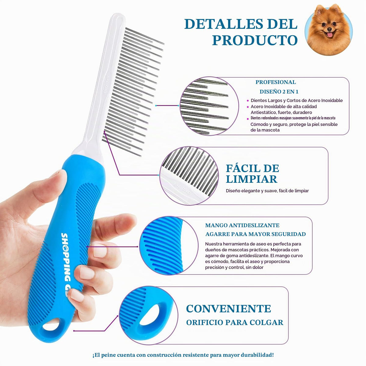 Peine desenredante de aseo para mascotas para perros y gatos con di...