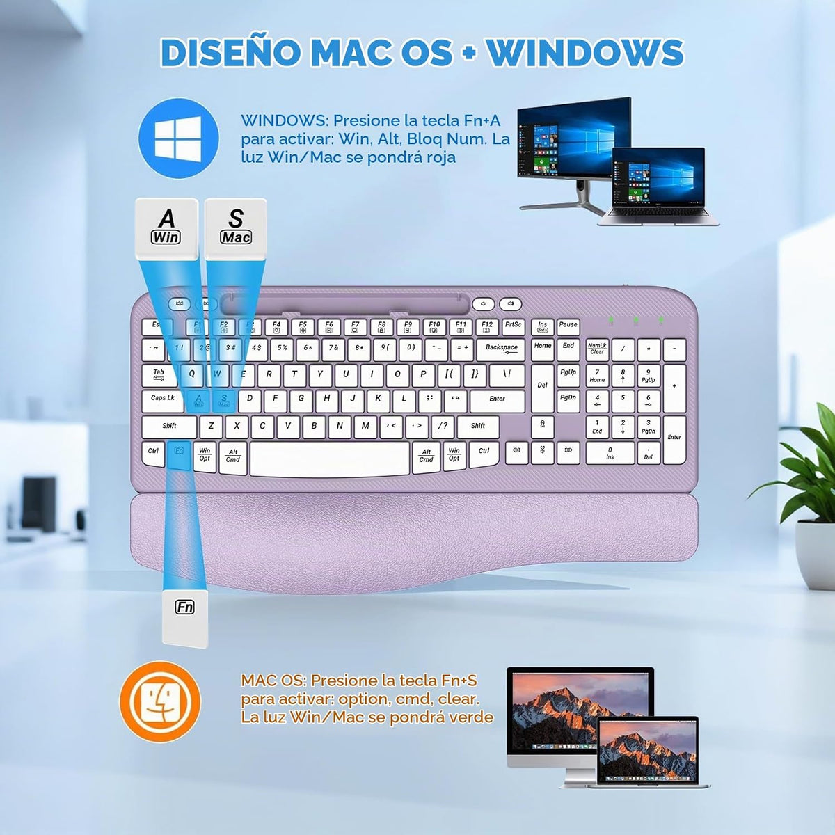 Teclado inalámbrico ergonómico con reposamuñecas acolchado, teclas...