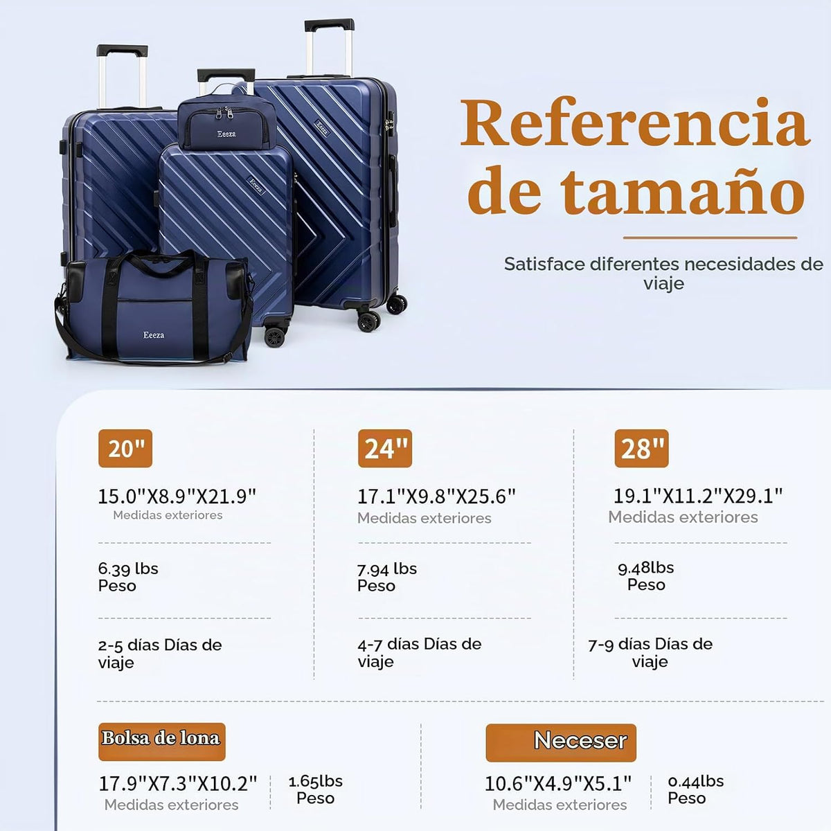 Eeeza Juego de equipaje de 5 piezas, maletas con ruedas, maleta ríg...