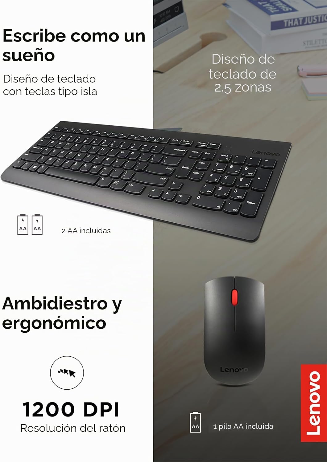 Lenovo Combo de Teclado y Ratón Inalámbricos 510, receptor USB Nano...