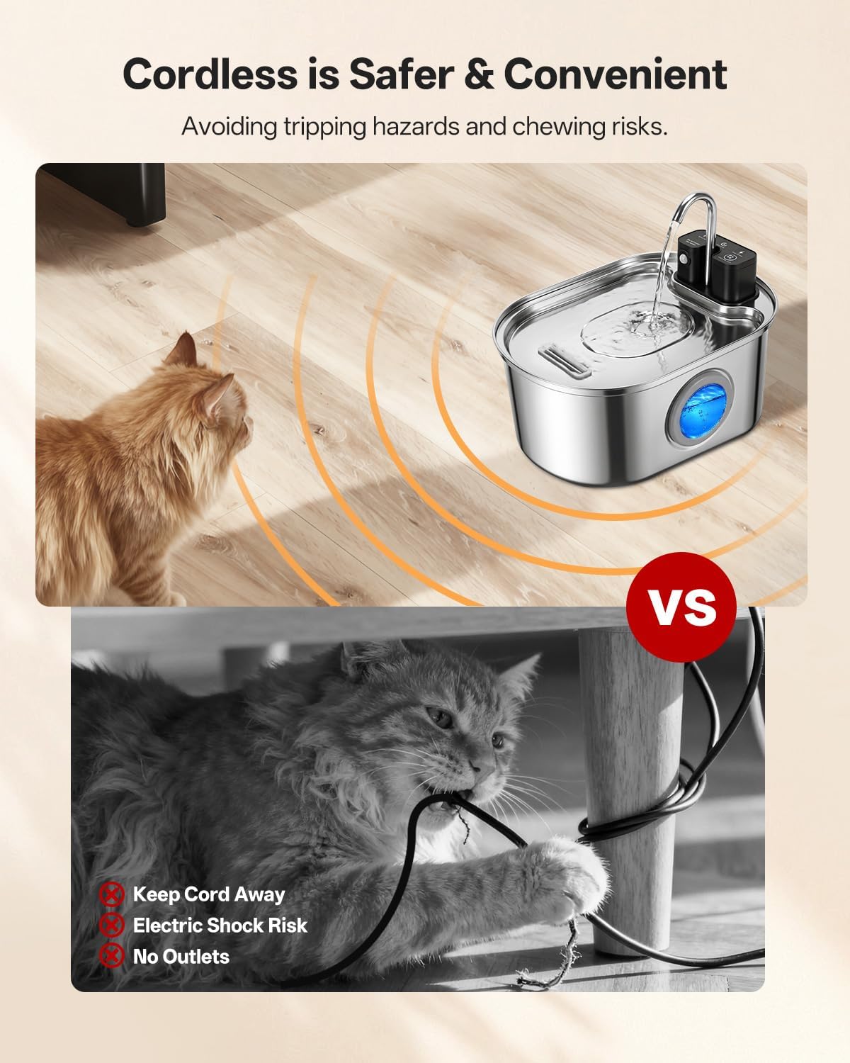 VinDox Fuente de agua inalámbrica de acero inoxidable para gatos, f...