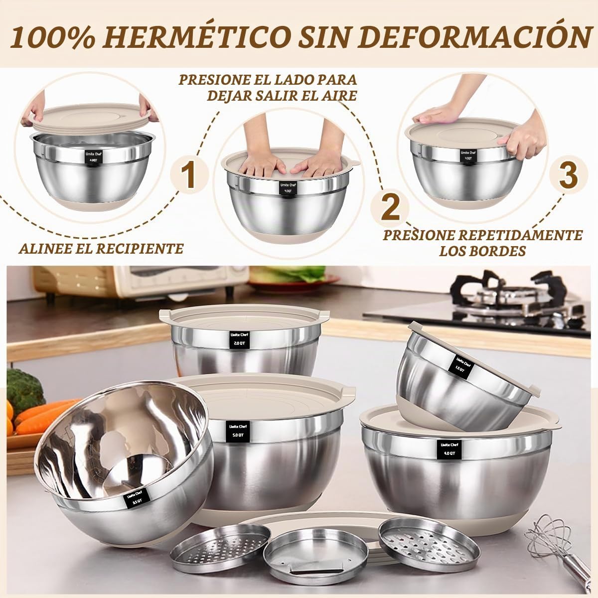 Umite Chef, juego de 8 cuencos para mezclar con tapas herméticas, c...