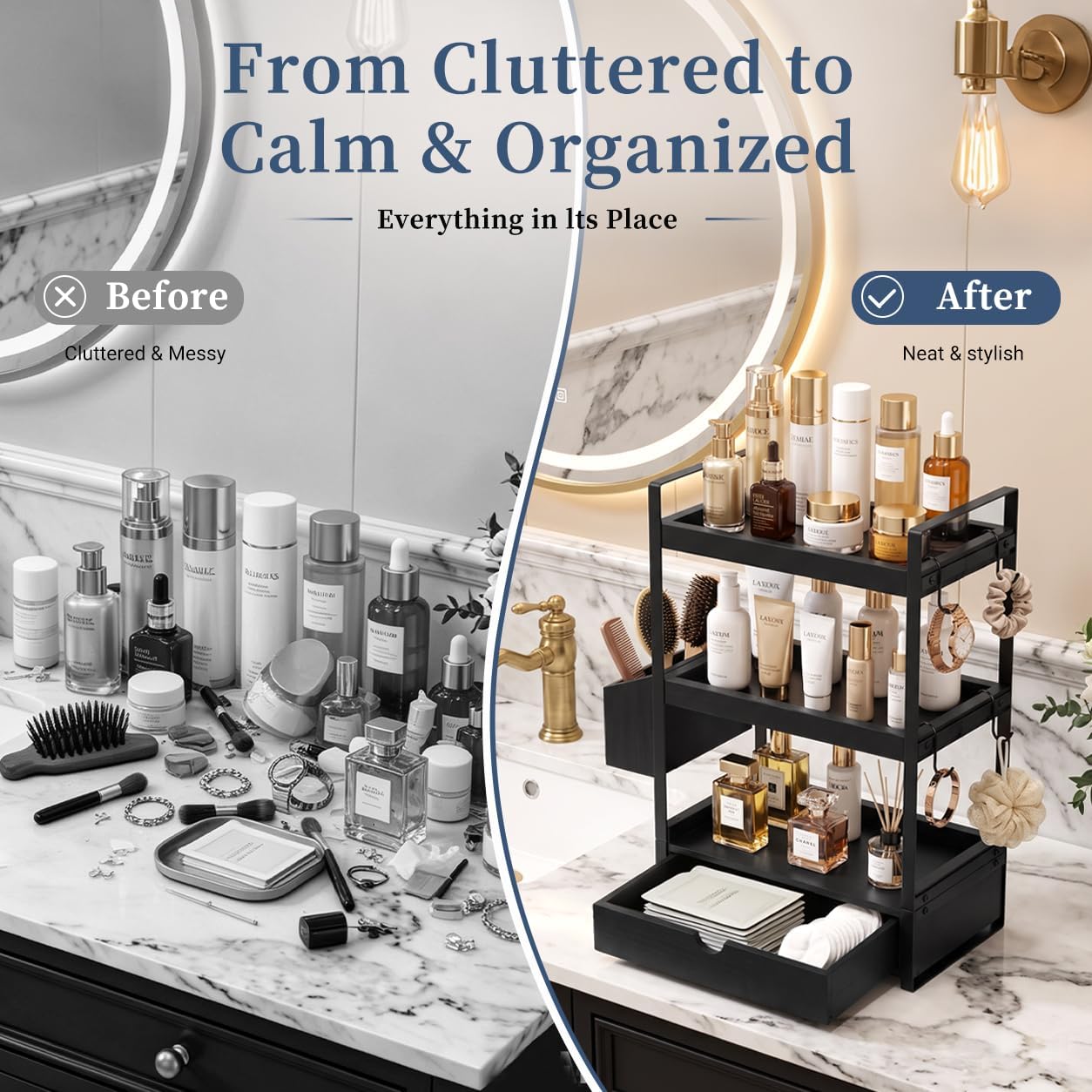 Organizador de encimera de baño de 3 niveles con cesta de cajón y g...