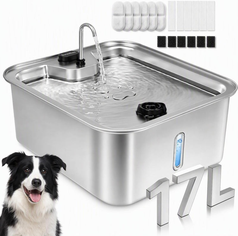 SOVELIVEE Fuente para mascotas de acero inoxidable con ventana de n...