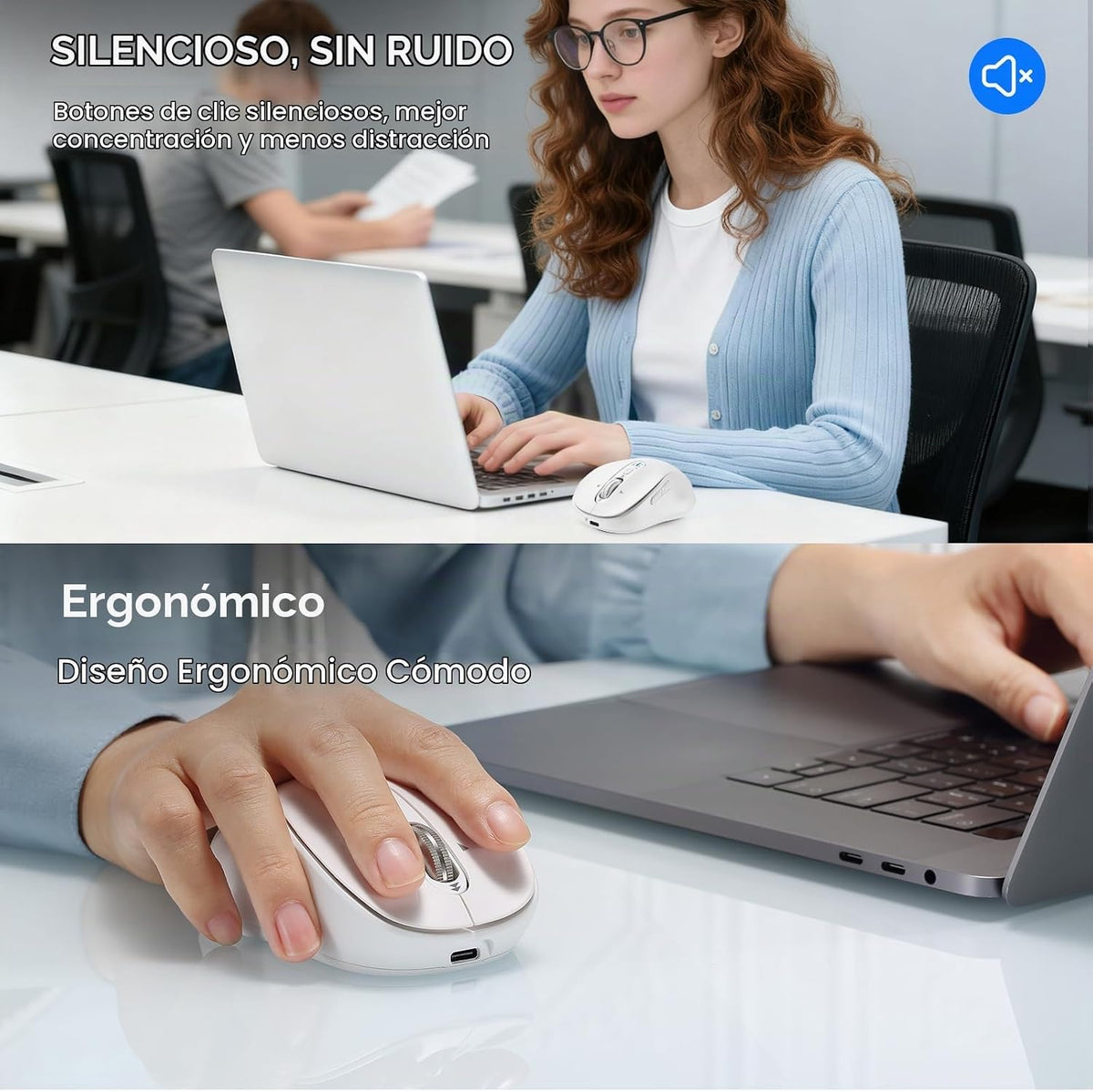 Ratón inalámbrico Bluetooth recargable, USB+BT×2, silencioso, ergon...